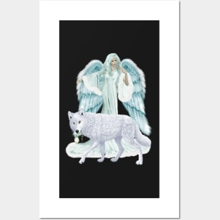 Fantasy Art Winter Angel And Wolf Posters and Art